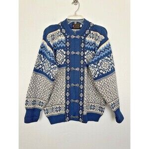 Norsk Wear Wool Fair Isle Chunky Knit Sweater Cardigan Blue White Women's Small
